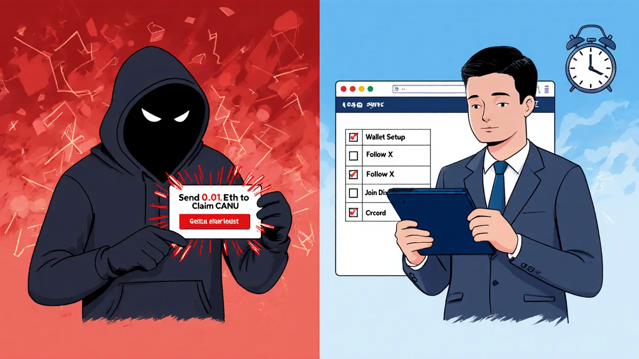 Split scene: one person falling for a scam, another preparing safely for a potential airdrop in 2025.