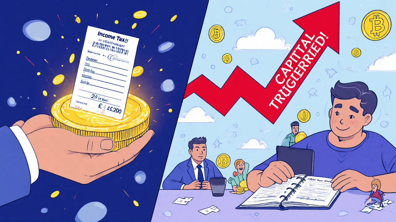 Split scene: person receiving airdrop with tax receipt and trading crypto with a &#039;Capital Gains Triggered&#039; arrow.