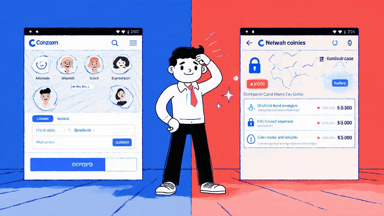 Two contrasting versions of the CoinZoom app, one working and one glitched, with a confused user in between.