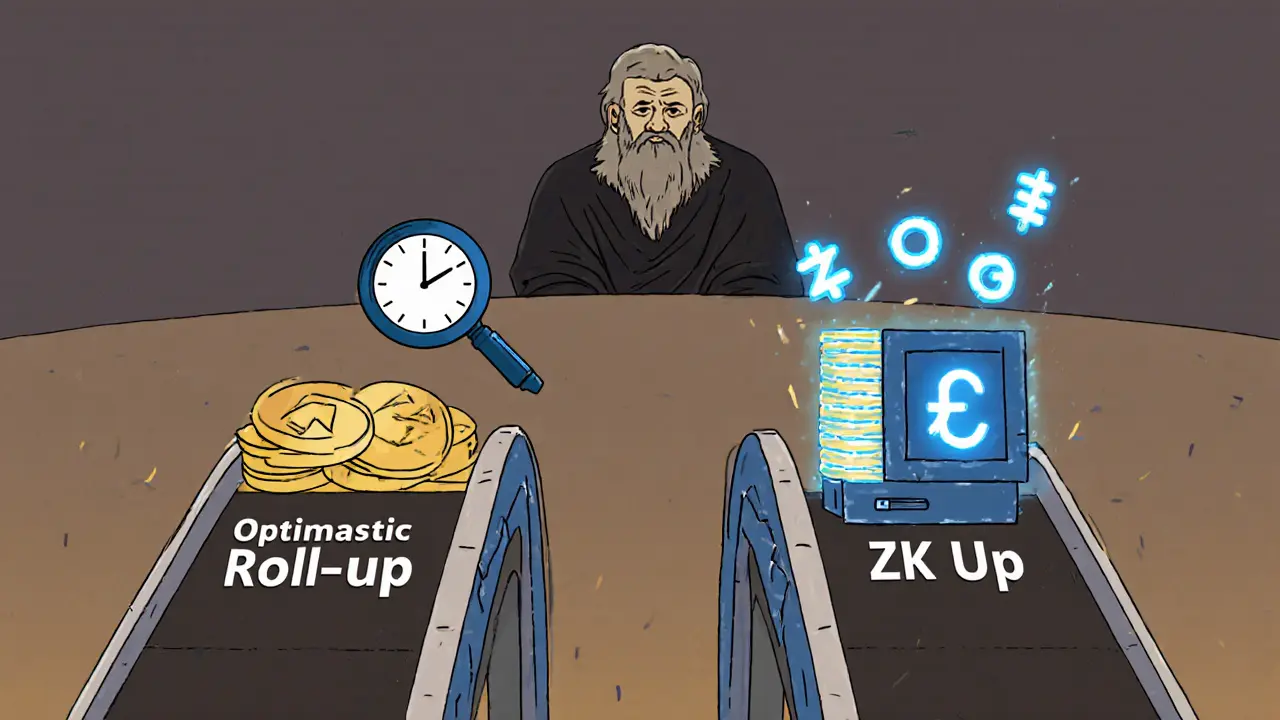Two conveyor belts showing Optimistic and ZK rollups with clocks and math symbols.