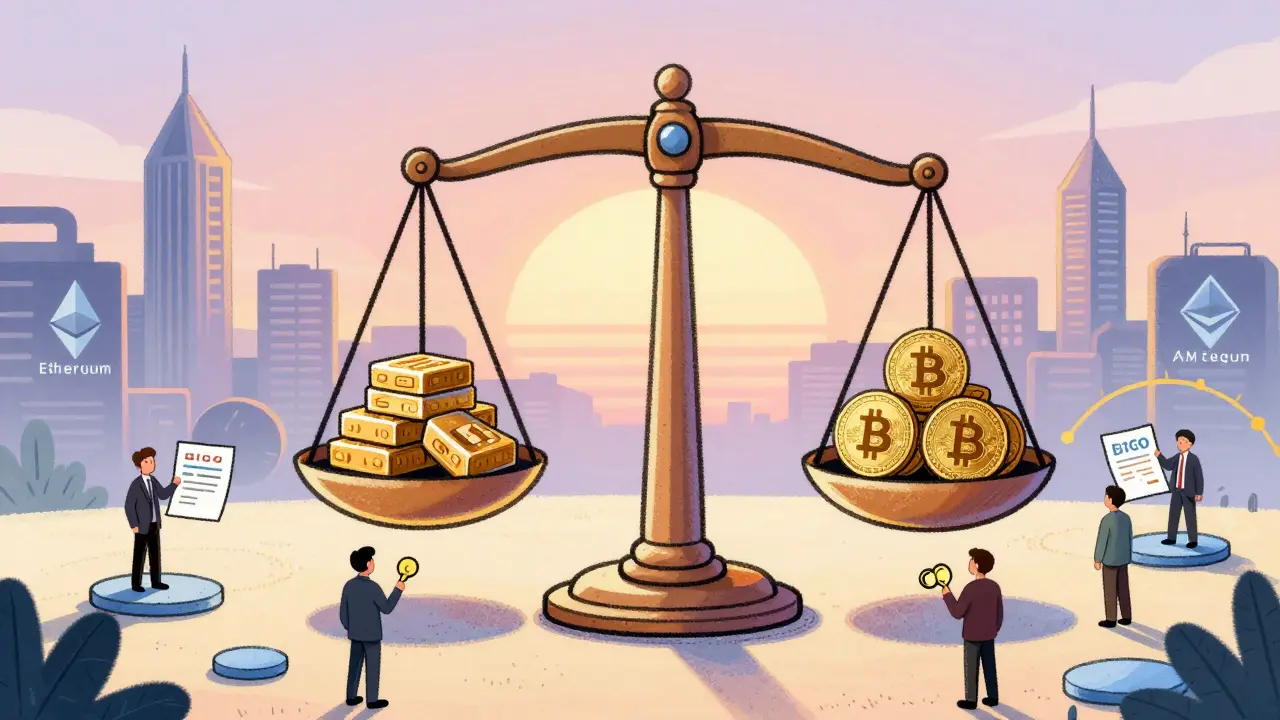 A balanced scale holds Bitcoin and WBTC, with custodians and auditors maintaining the system.