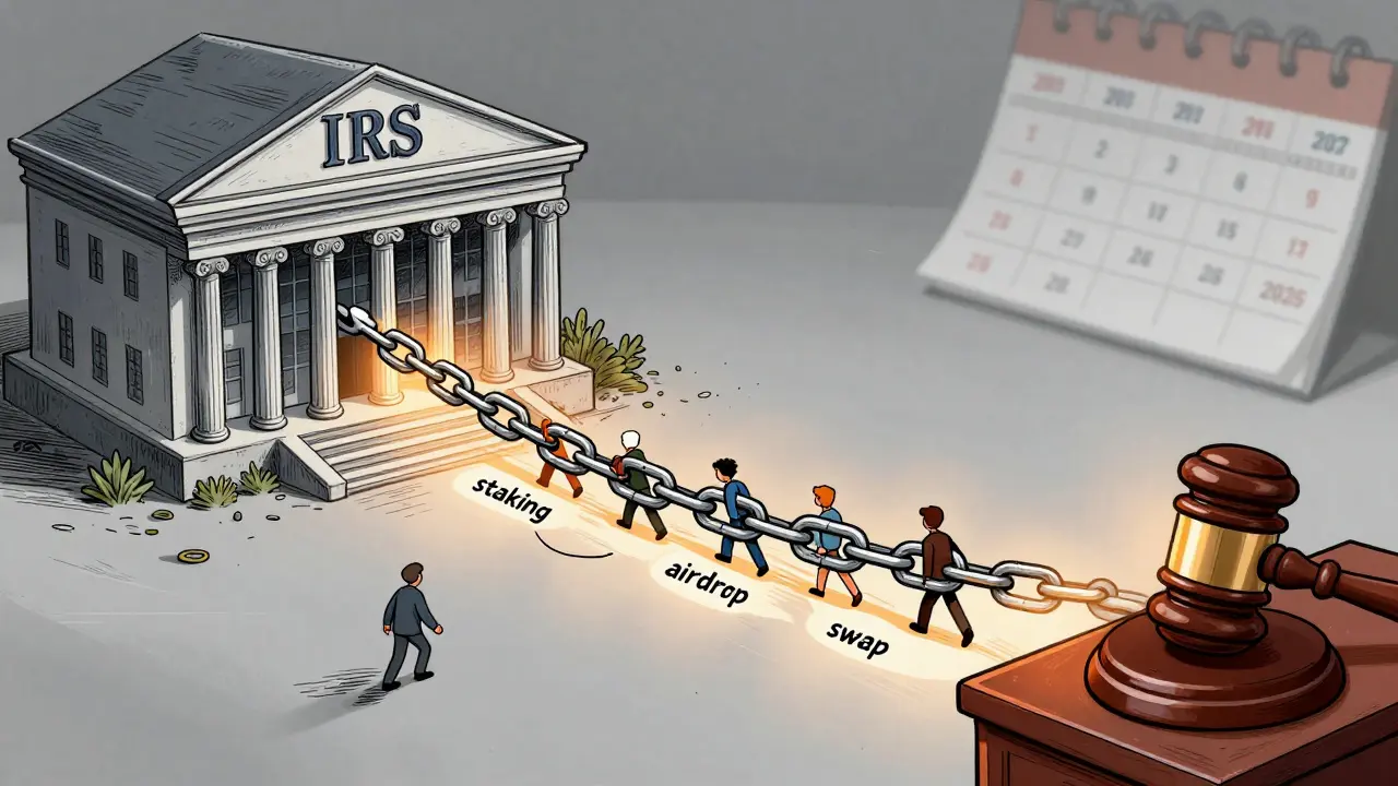 A chain of crypto transactions pulls users toward a courtroom gavel, labeled with staking, airdrops, and swaps.