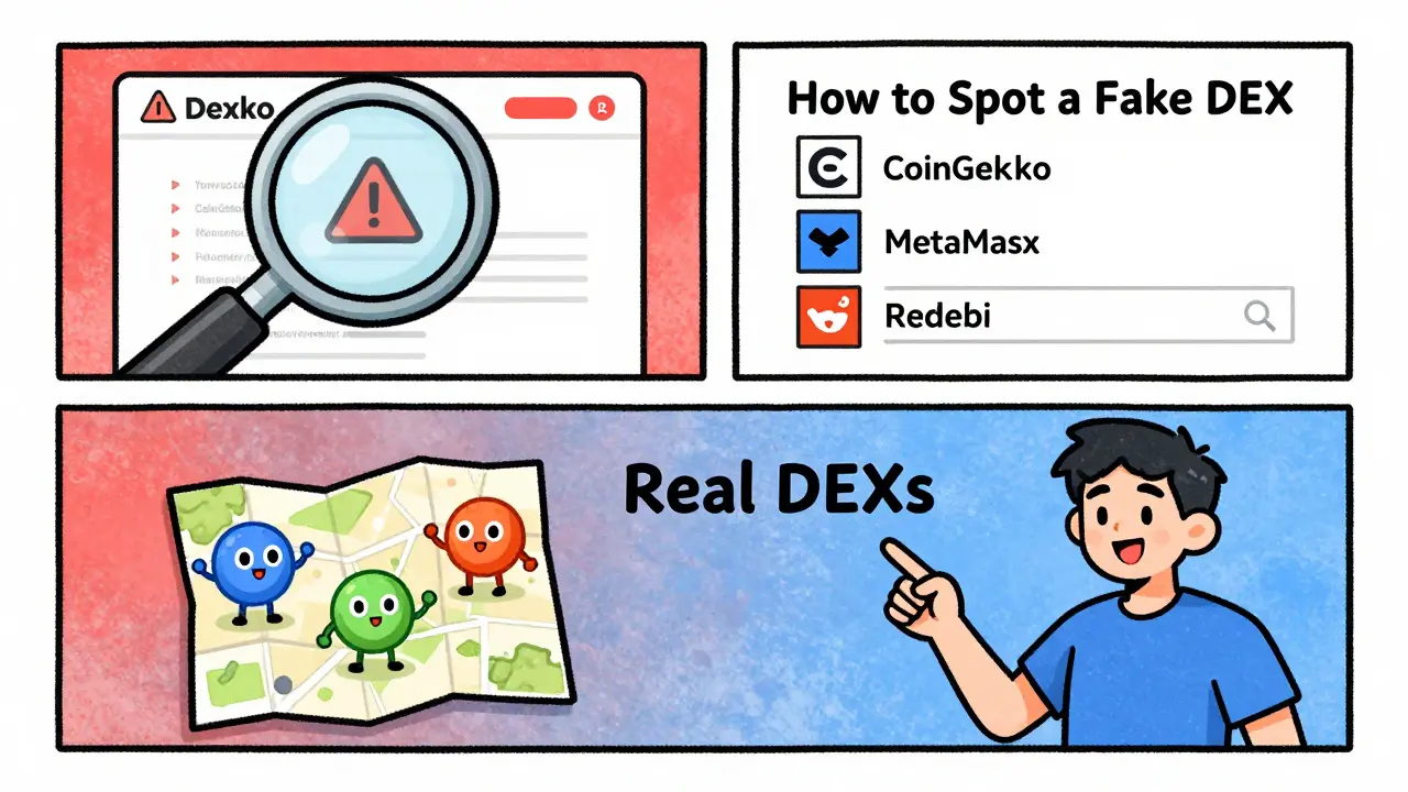 A comic guide showing how to spot fake crypto sites and find real DEXs like Uniswap and PancakeSwap.