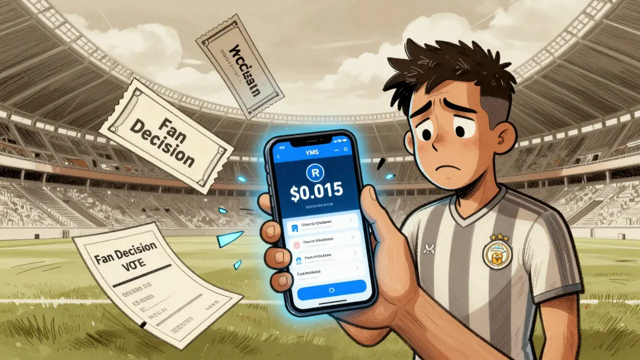 A confused fan stares at a low YMS price on their phone while unused rewards drift around them.