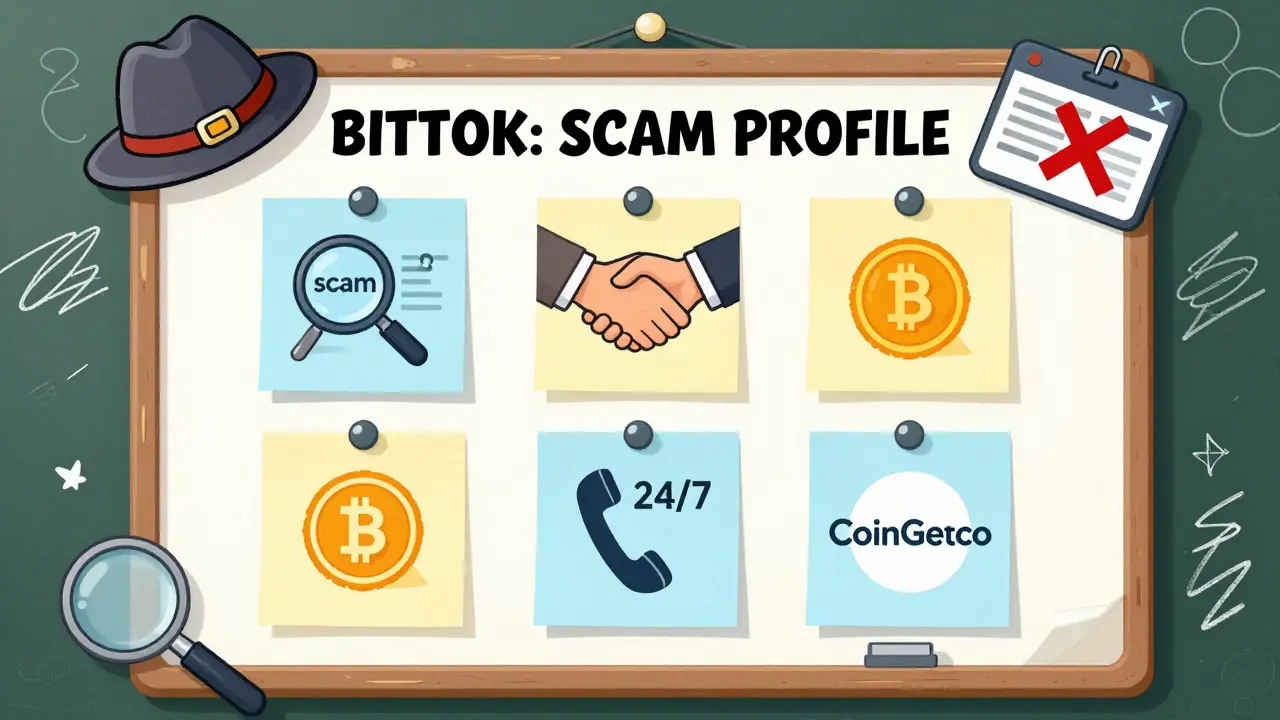 A detective-style checklist with safety tips and a red X over BitTok, illustrating how to spot a crypto scam.