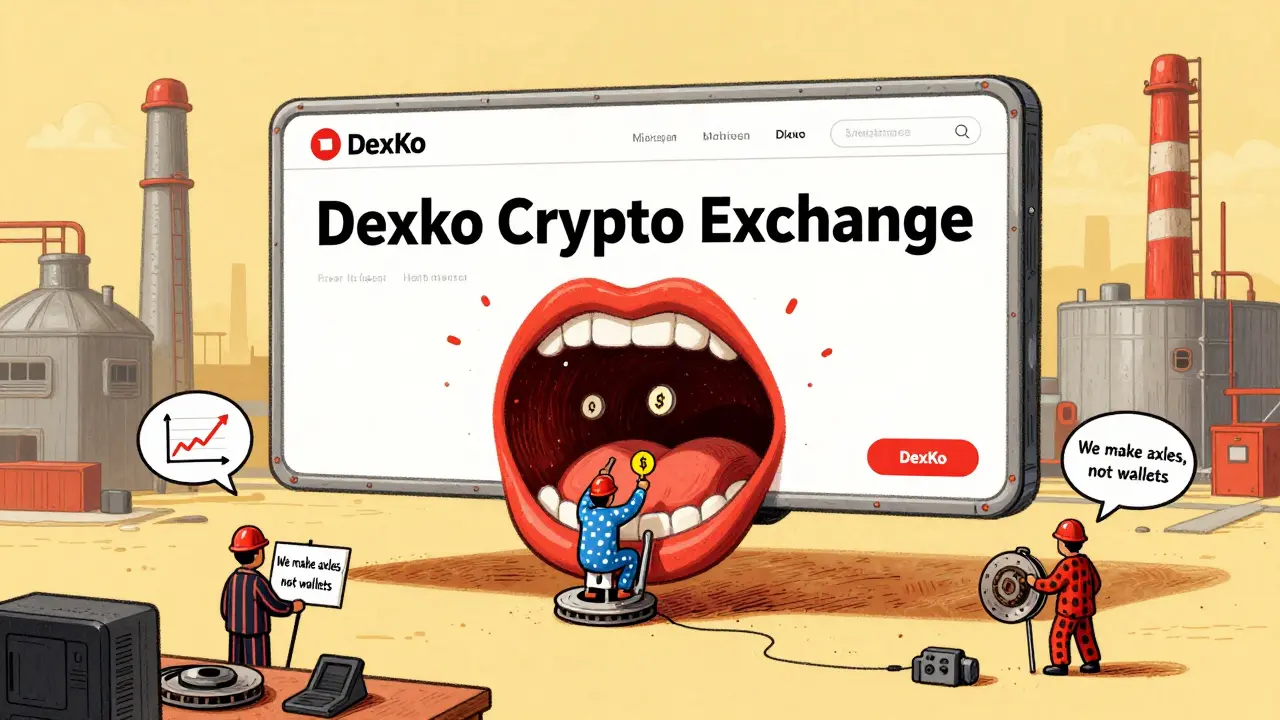 A fake crypto website over a real trailer factory, users dropping crypto into a hitch, brake pads falling instead.