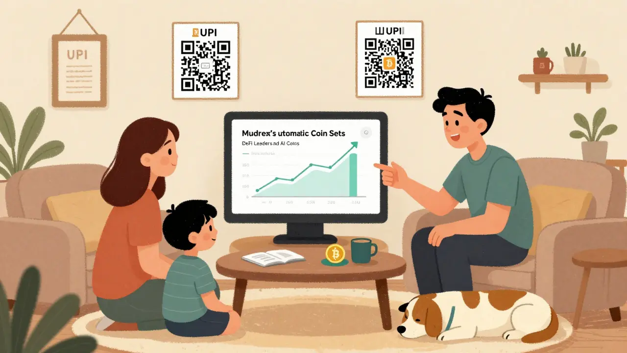 A family learning about crypto investing through Mudrex’s automated portfolios in a cozy home setting.