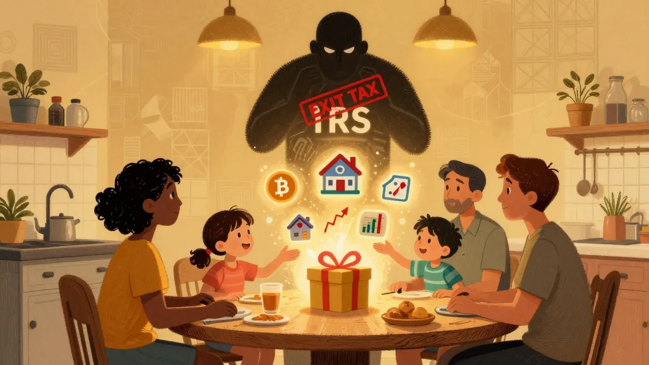 A family passing crypto assets to children through a glowing portal while a tax form looms overhead.