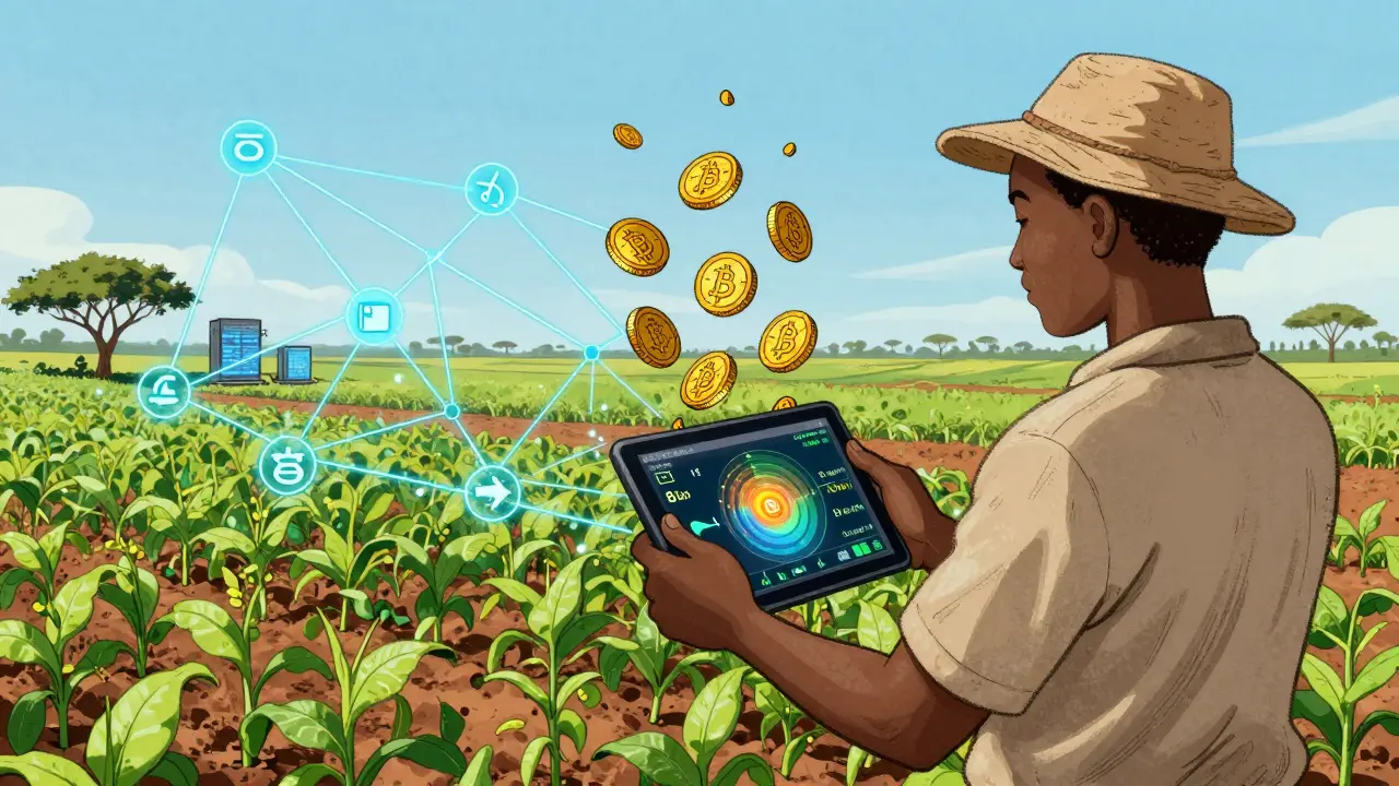 A farmer in Kenya receives crypto payouts as satellite data confirms high winds over crops.