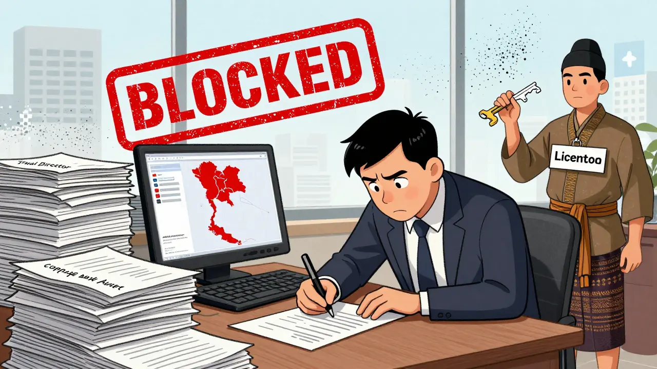 A foreign crypto CEO signs documents in Bangkok as a giant &#039;BLOCKED&#039; stamp looms over their laptop, surrounded by legal requirements.