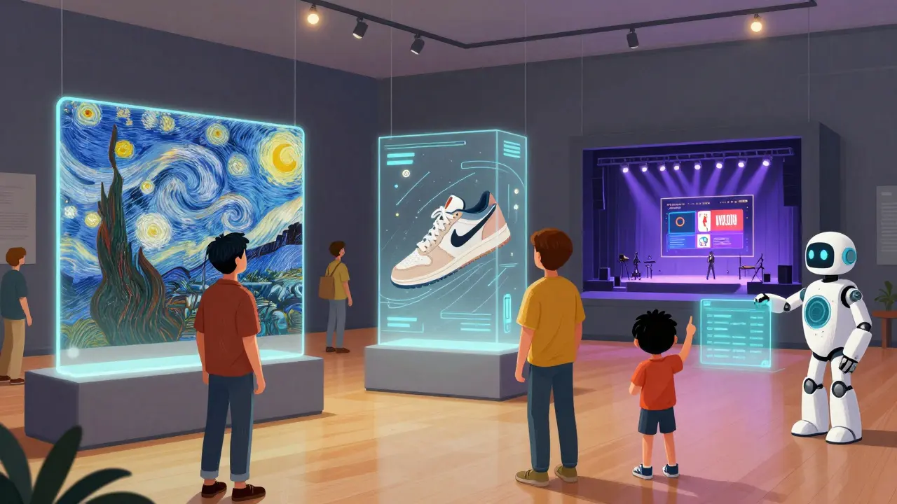 A futuristic museum displaying holographic NFTs like digital sneakers and basketball highlights, with visitors observing.
