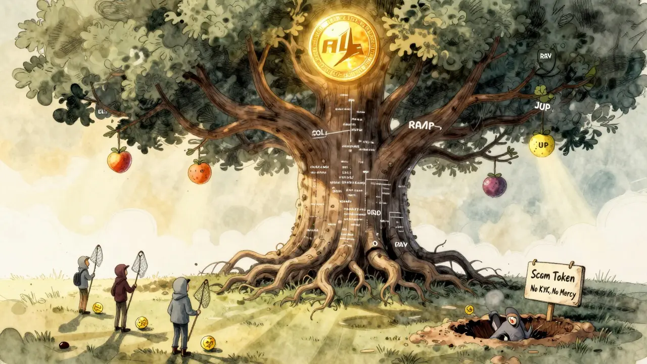 A giant Solana tree with crypto tokens as fruit, traders harvesting while one falls into a scam token pit.