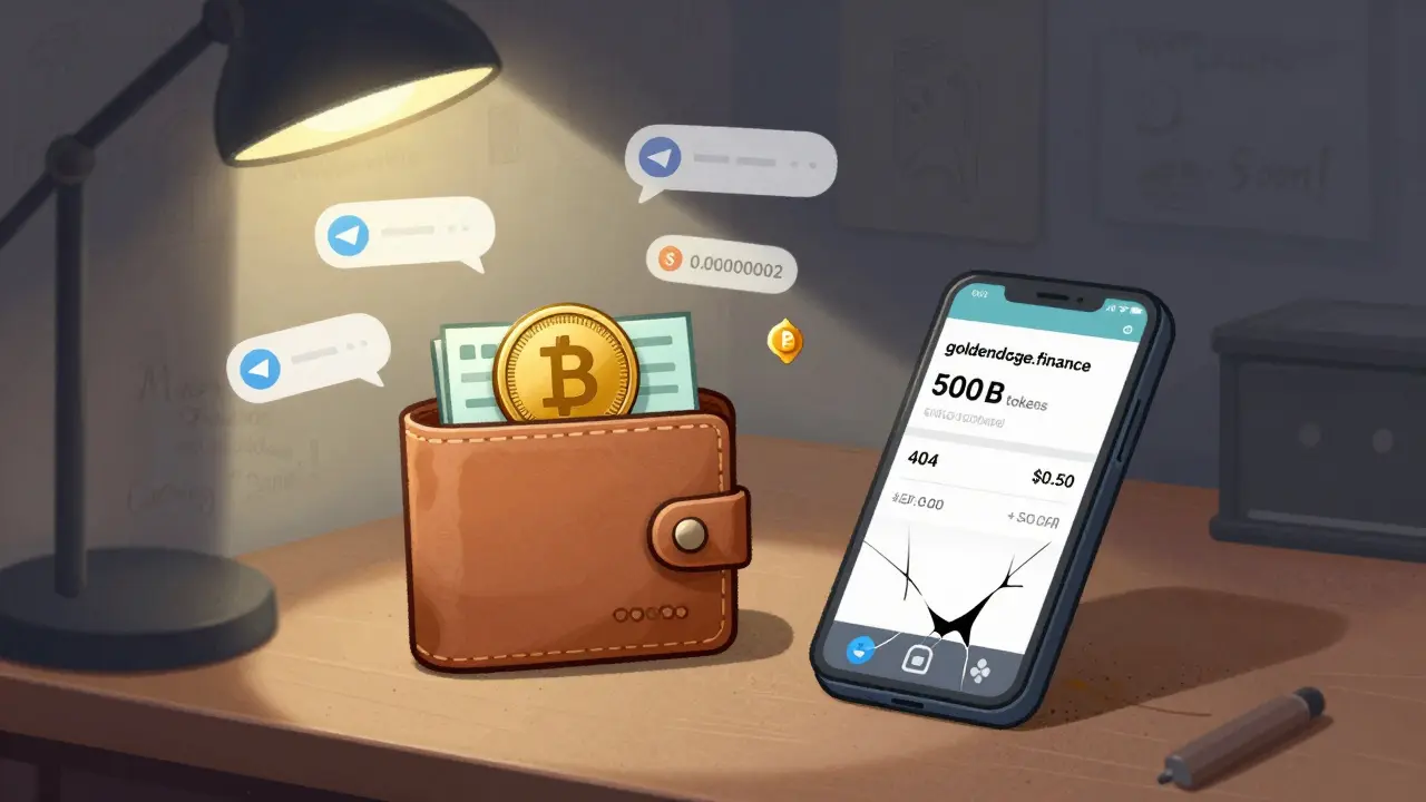 A lone wallet with a worthless GDOGE token next to a 404 error page and a tiny BNB reward vanishing into air.