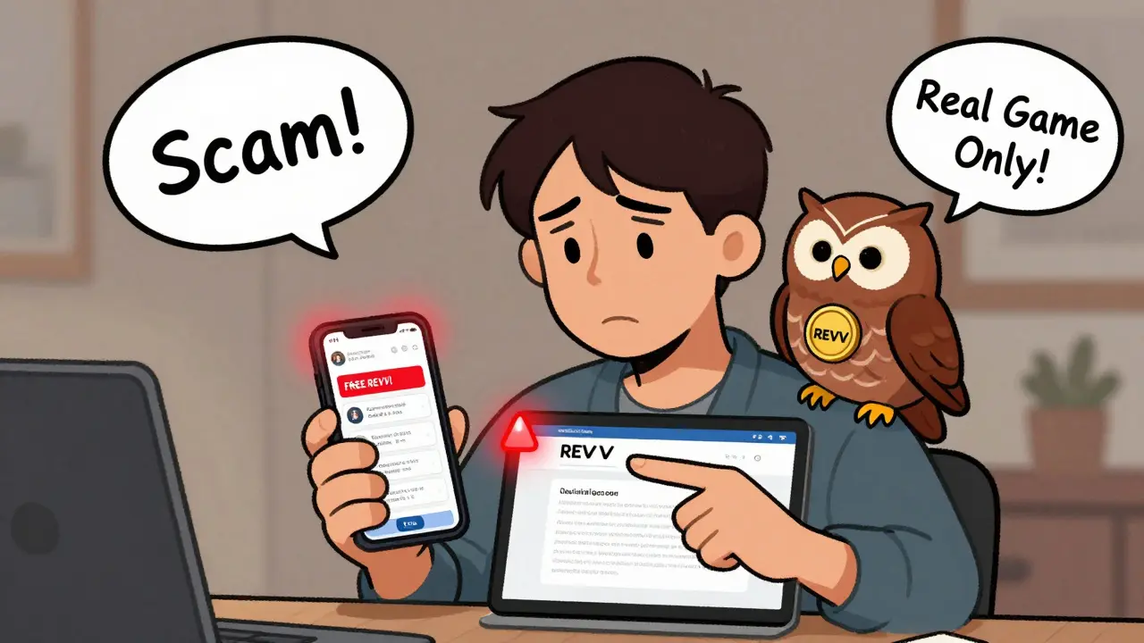 A person being warned by an owl about fake REVV airdrop scams