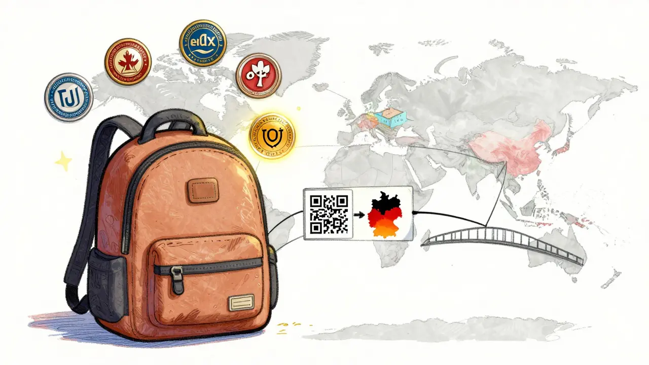 A student's digital wallet filled with NFT micro-credentials connected to a global map.