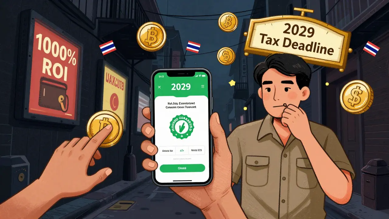 A Thai trader chooses a licensed exchange app over dark scam ads, with USDT coins and a tax deadline clock floating above.