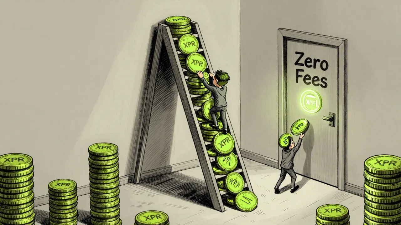 A tiny figure climbs a ladder made of XPR tokens toward a &#039;Zero Fees&#039; door.