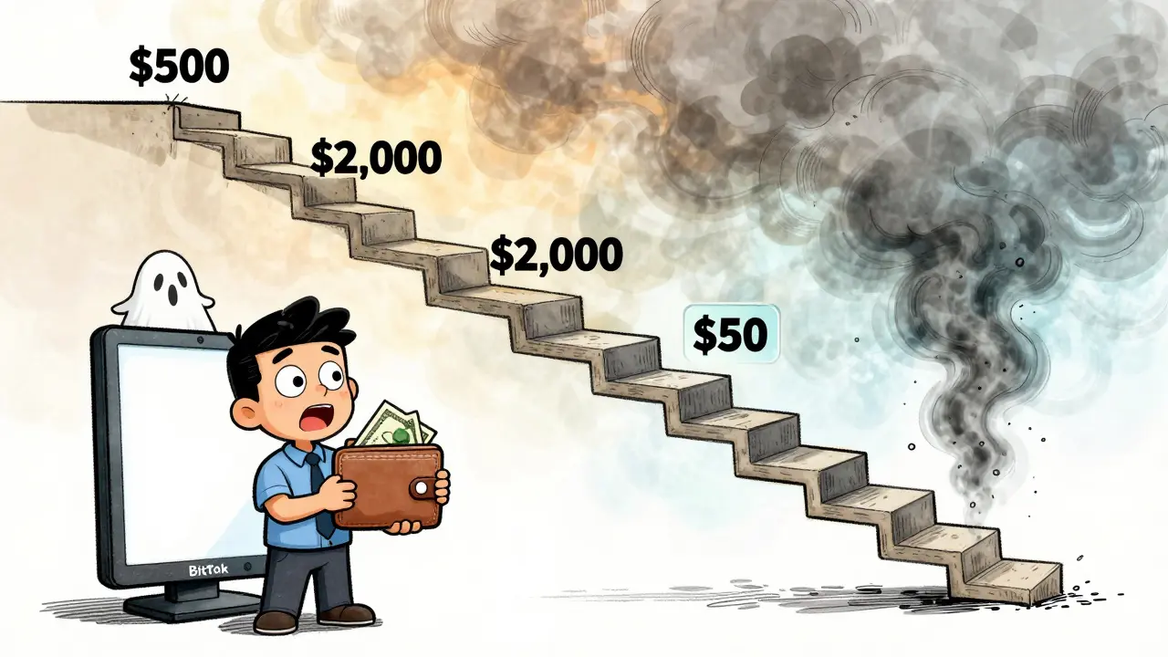 A trader climbing a staircase of deposits that ends with a vanished withdrawal button and BitTok dissolving into smoke.