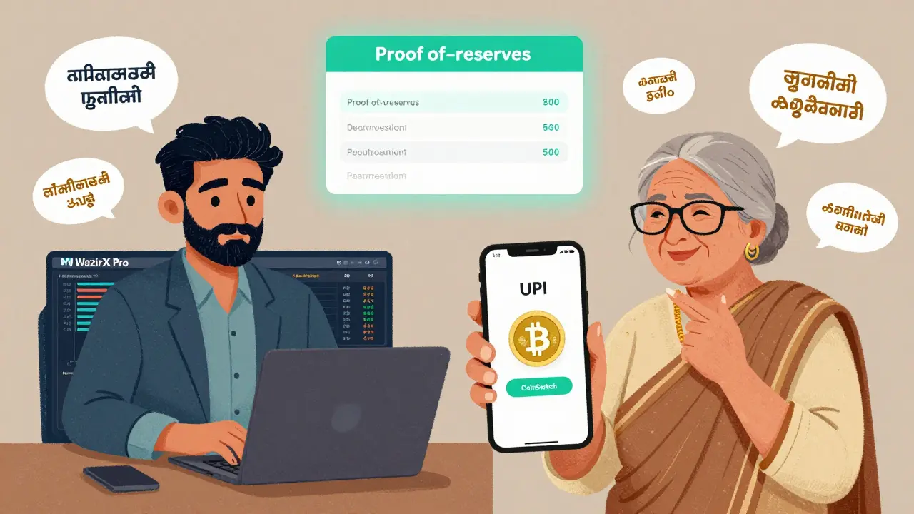 A trader using WazirX Pro alongside a grandmother using CoinSwitch, with language bubbles and reserve reports.