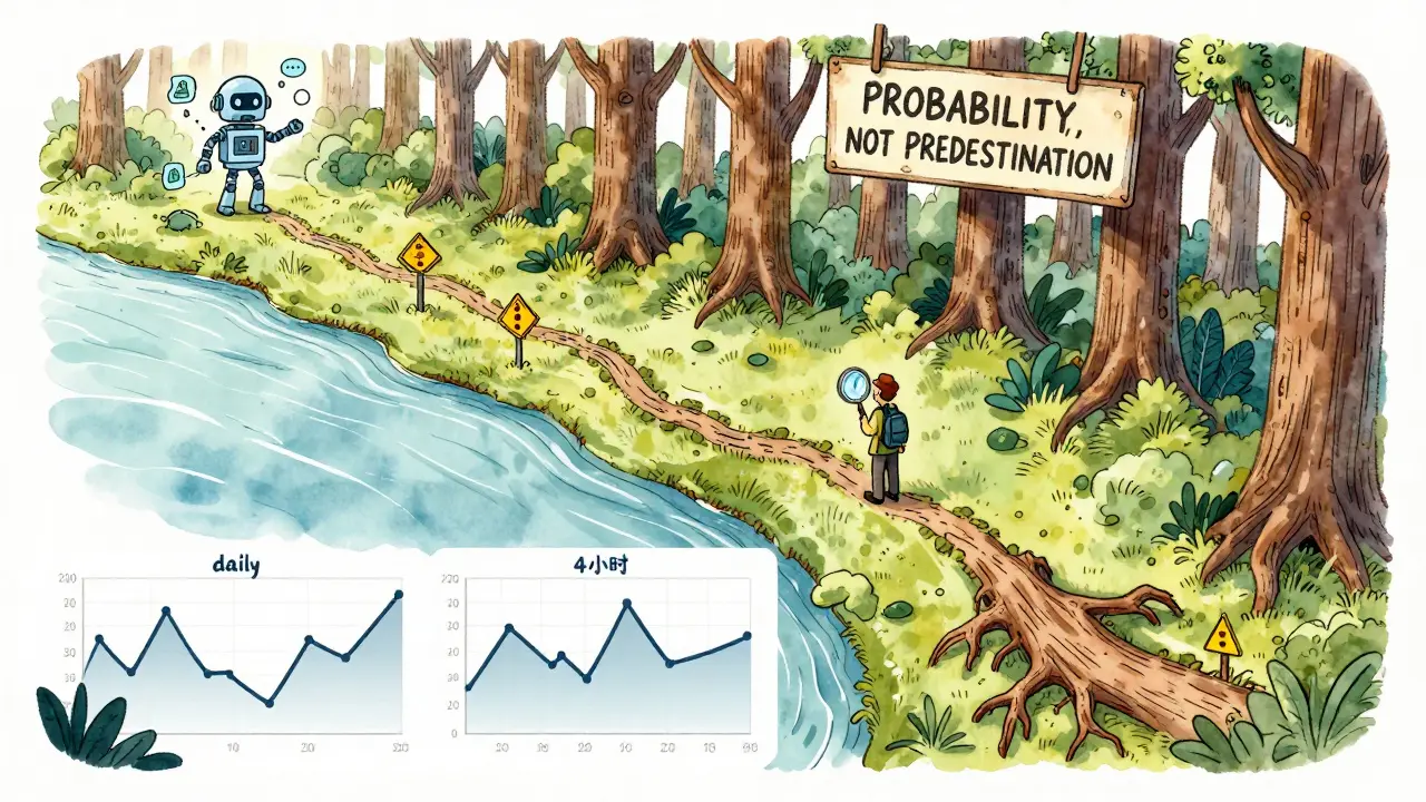 A traveler choosing a path through a forest representing weekly, daily, and 4-hour crypto charts.