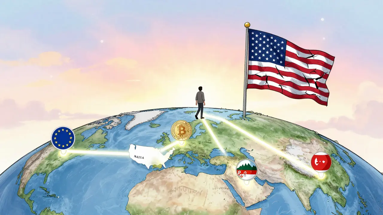 A traveler walking away from the U.S. toward global destinations marked by crypto and tax-free symbols.