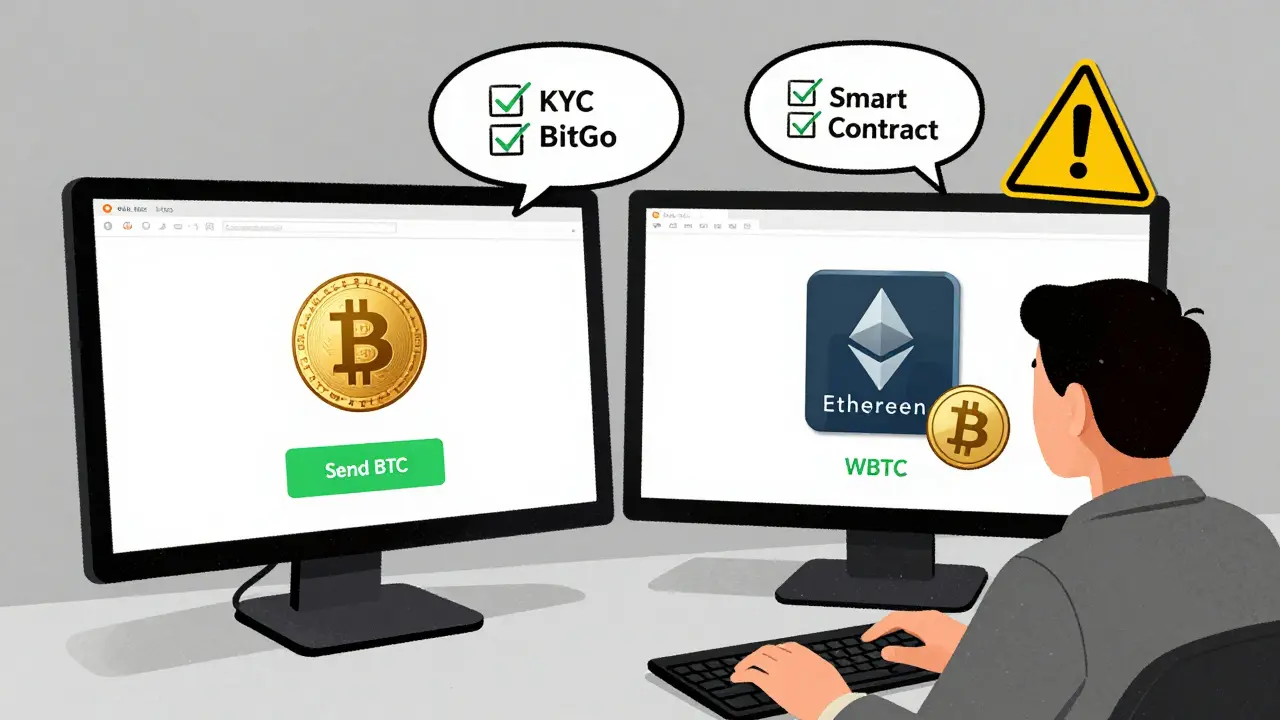 A user sees Bitcoin convert to WBTC on dual screens with step-by-step illustrated instructions.