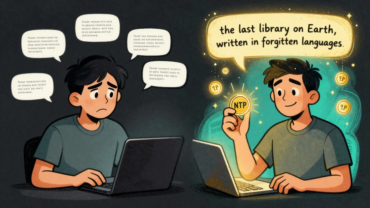 A user transitions from AI failure to successful NFT minting, with prompt and token glowing brightly.