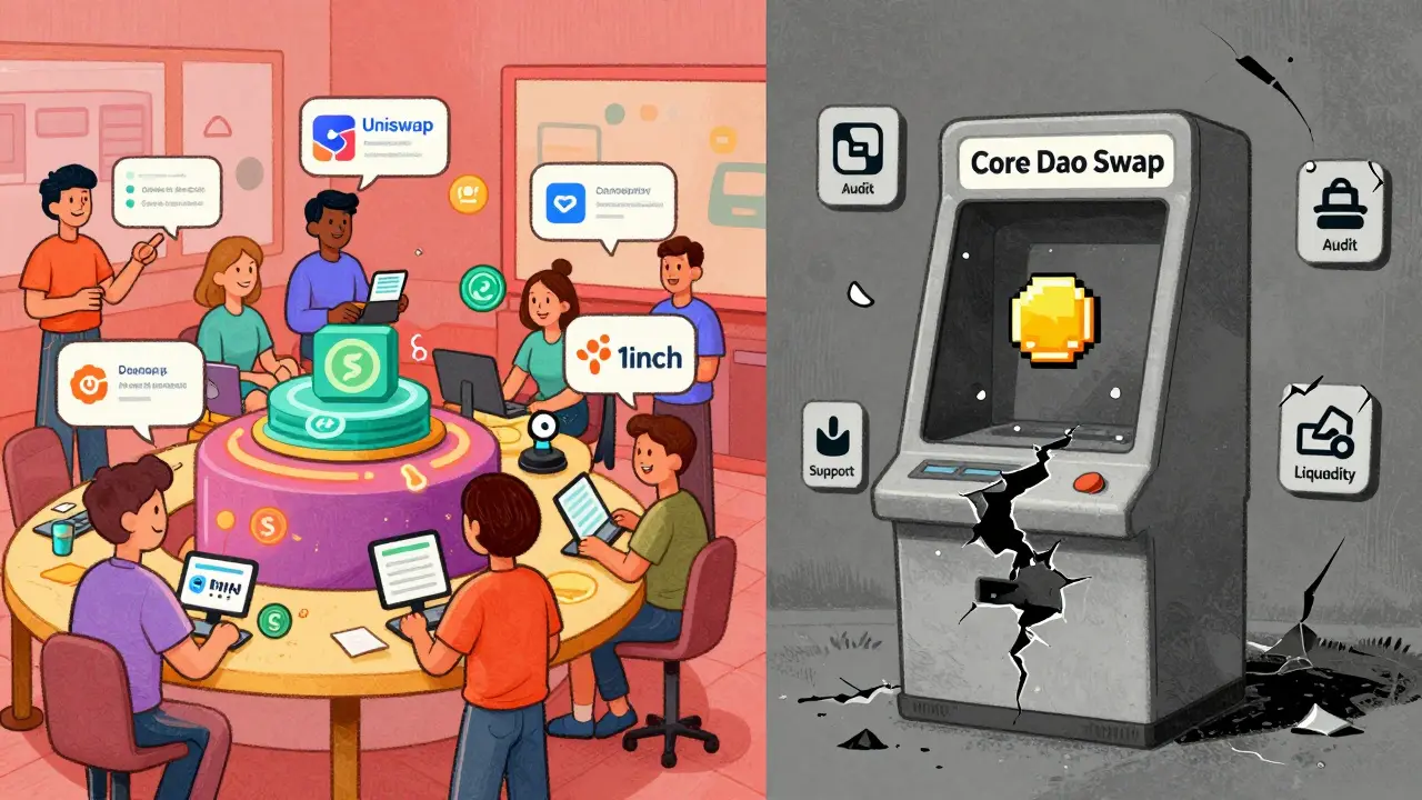 A vibrant, active DeFi hub contrasts with a crumbling 'Core Dao Swap' kiosk in a hand-drawn digital illustration.