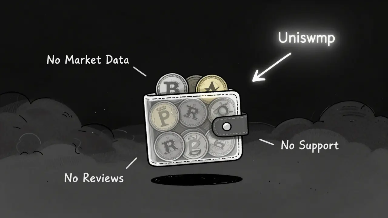 A wallet with Proton tokens floats in darkness surrounded by warning labels.