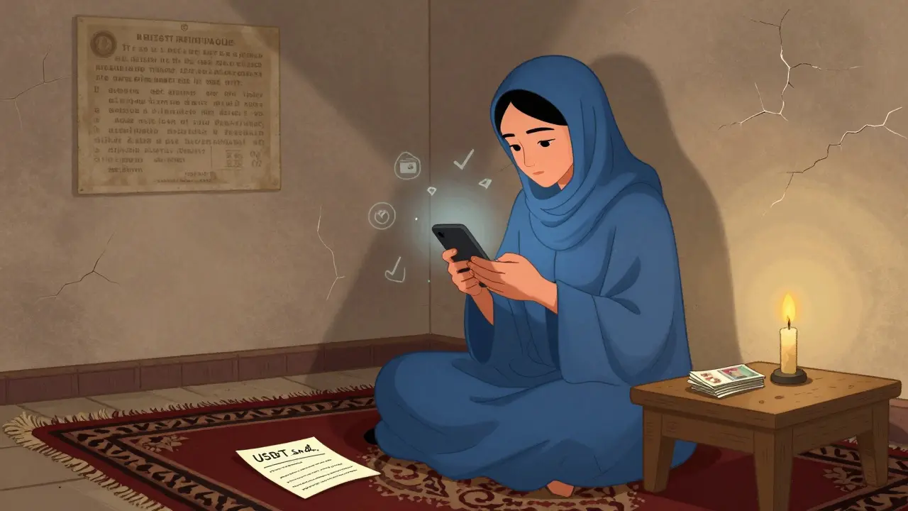 A woman in a burqa receives USDT via SMS at home, with cash ready on a table and digital icons floating nearby.