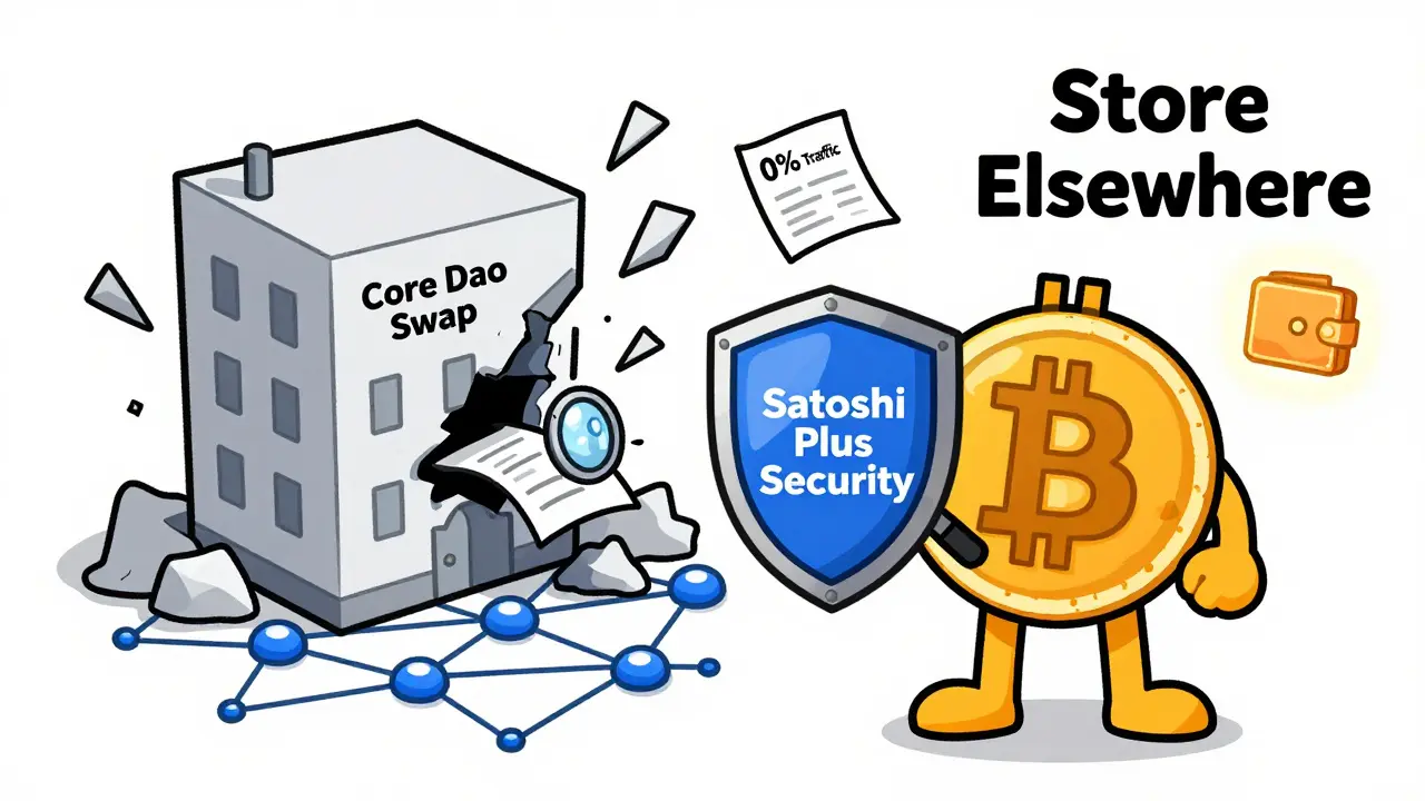 Bitcoin protecting a secure blockchain while a fragile exchange building collapses behind it.