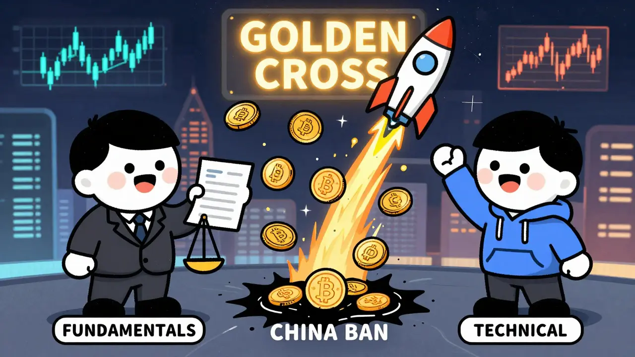 Cartoon battle between fundamentals and technical analysis in a swirling crypto market vortex.