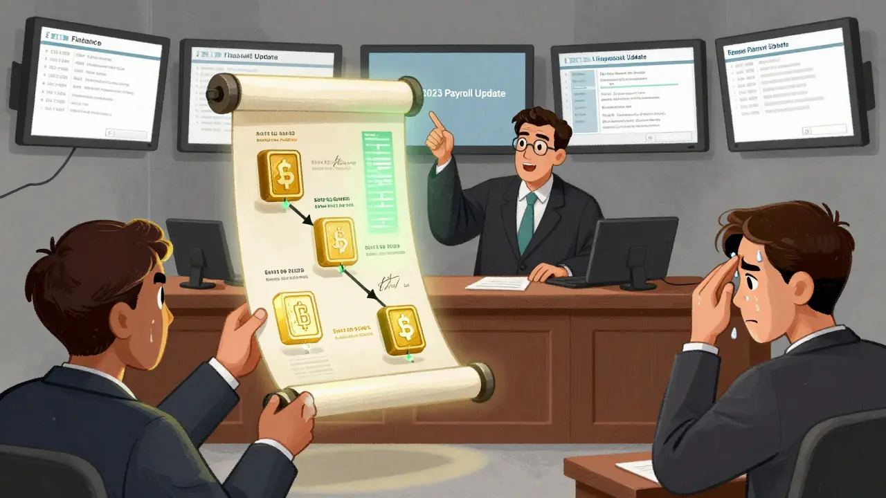 Cartoon courtroom scene with a judge presenting a glowing blockchain audit trail of financial and medical records.