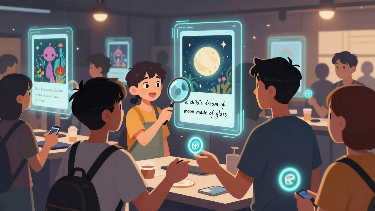 Collectors examine NFTs with original prompts displayed beneath each artwork in a glowing marketplace.