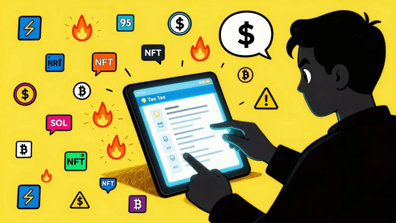 Crypto trader surrounded by transaction flames, using tax software as IRS eye watches in background.