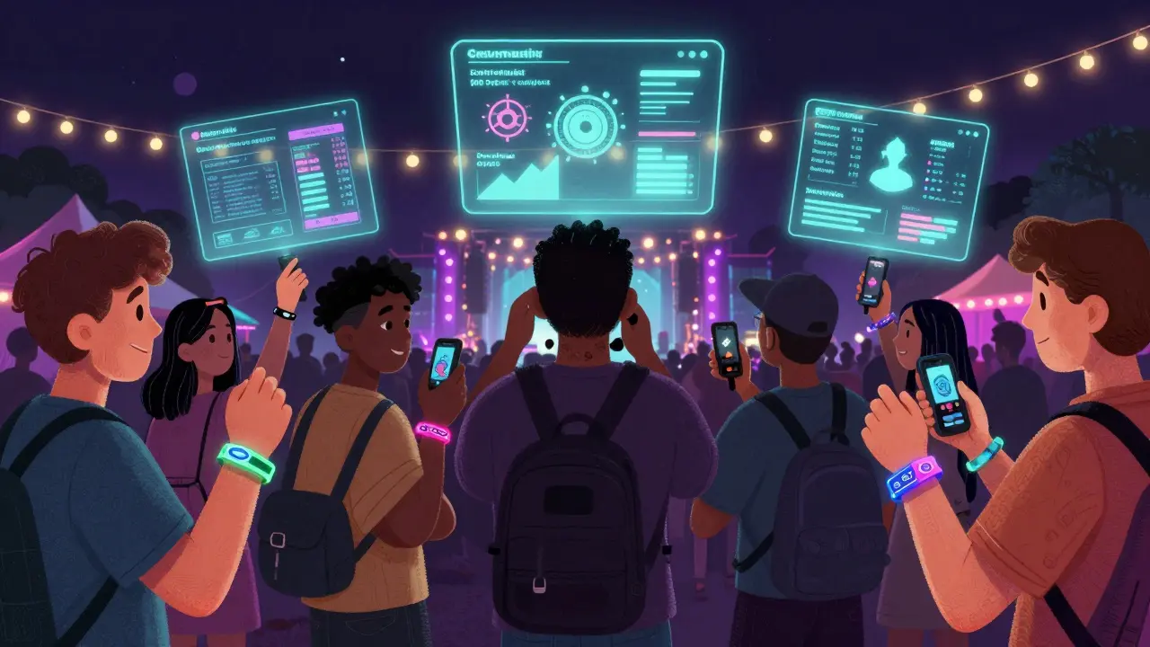 Festivalgoers scan glowing NFC wristbands under string lights, with holographic analytics floating above.