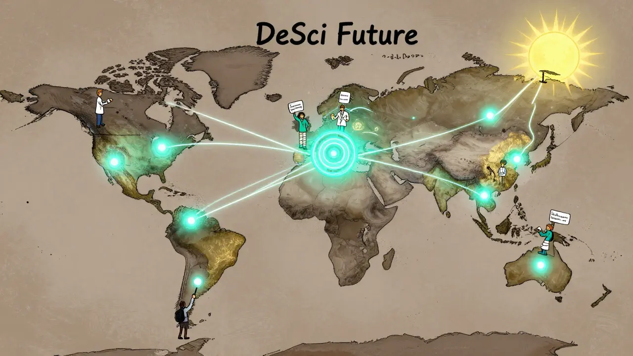 Global map with glowing nodes connecting scientists, researchers, and donors to a central DeSci hub under a rising sun.