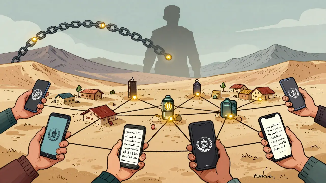 Interconnected hands across Afghanistan pass crypto details via phones and USB drives, forming a lifeline over the landscape.