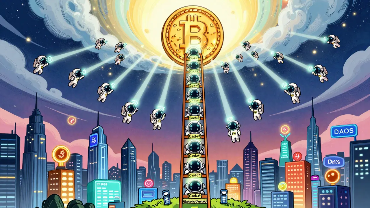 Ladder of astronaut ranks leading to a descending ARCH token amid DeFi activity