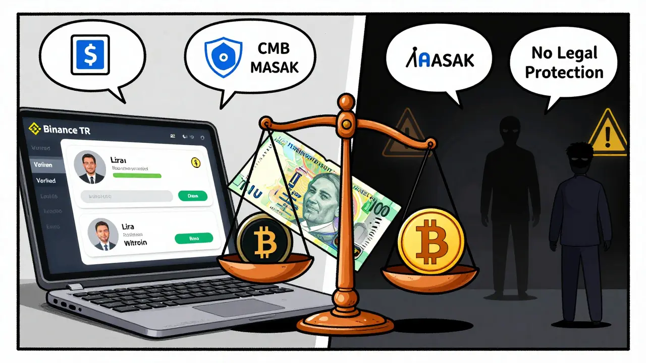 Licensed crypto exchange on one side, unregulated platform on the other, with regulators watching over a balance of Lira and Bitcoin.