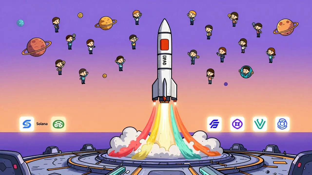 MultiPad rocket launching from five blockchain trails, with 2,000 user avatars waving above as project icons glow on horizon.