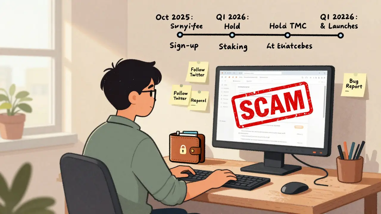 Person at desk with sticky notes for airdrop steps, safe wallet on desk, and scam website crossed out under daylight.