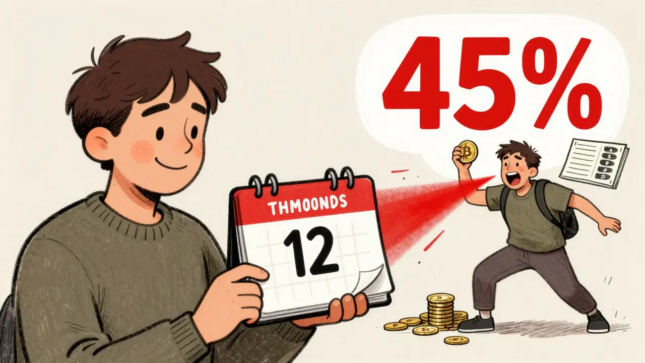 Person in Germany smiling as crypto tax disappears after 12 months, while another panics selling early.