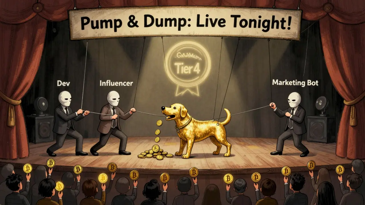 Puppeteers control a golden doge puppet spitting fake rewards while people below hold worthless tokens.