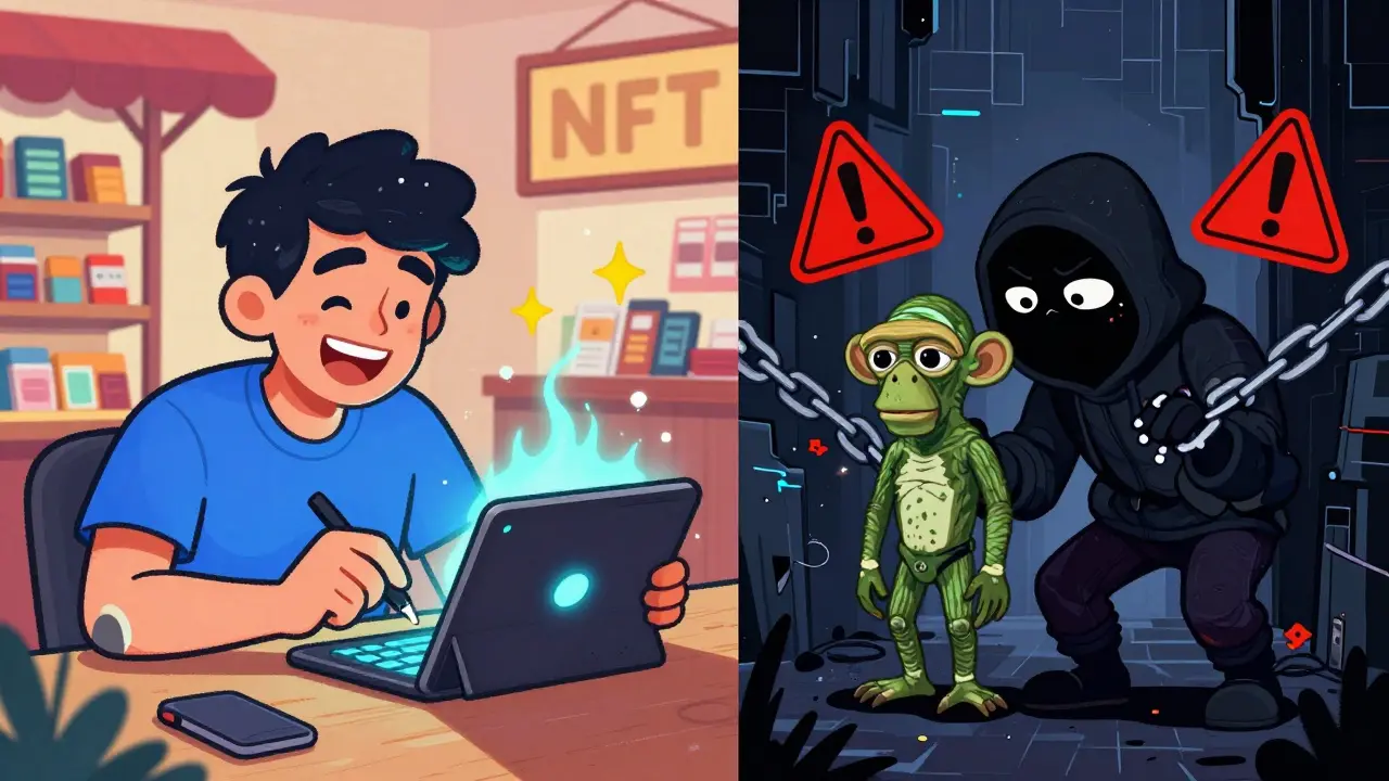 Split illustration: an artist minting an NFT happily on one side, a scammer tricking a buyer on the other.