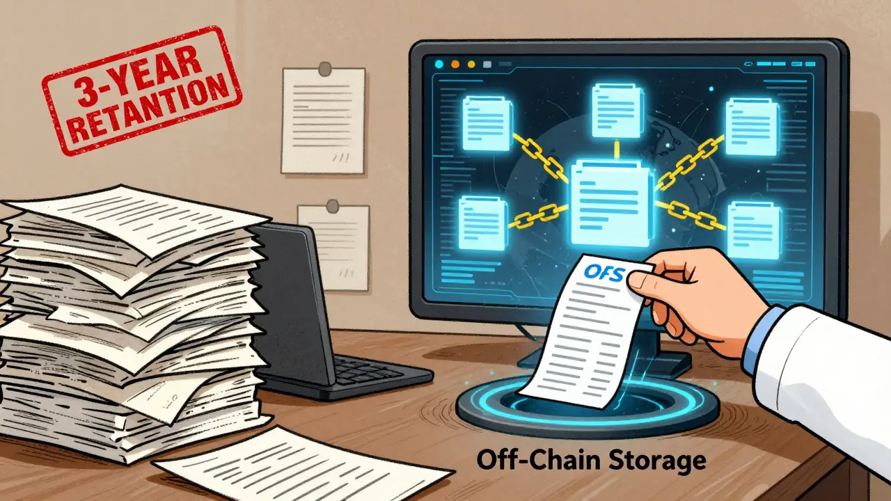 Split illustration showing traditional paper records versus digital blockchain with off-chain storage and hash links.