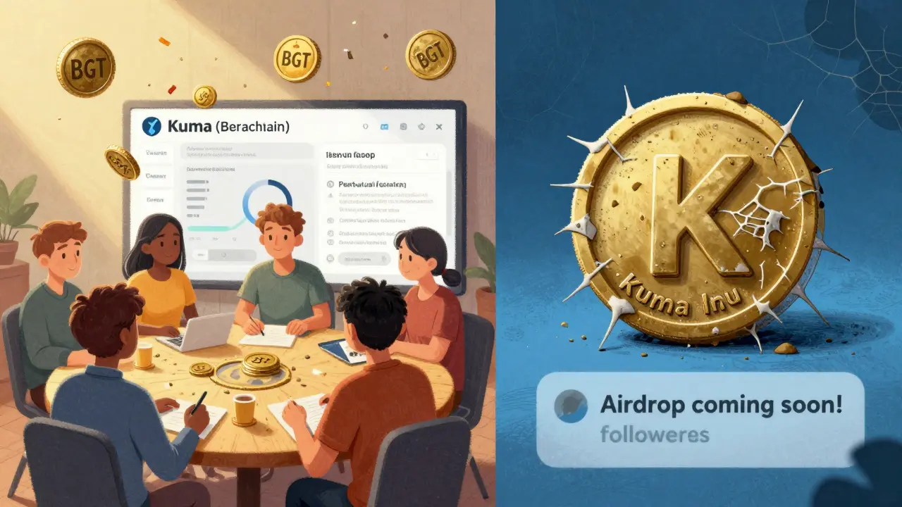 Split scene: active Kuma exchange with BGT rewards on left, abandoned Kuma Inu token on right.