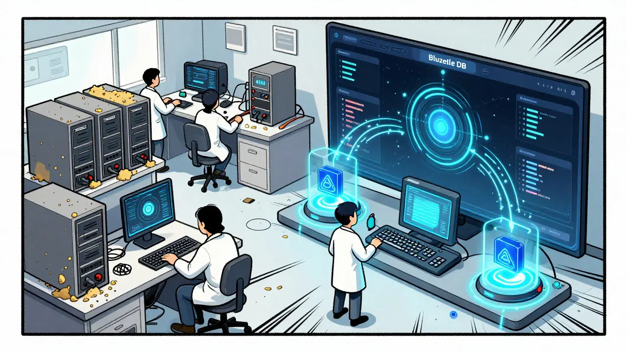 Split scene: messy traditional lab vs. futuristic Bluzelle interface with data flowing from lab tools to blockchain.