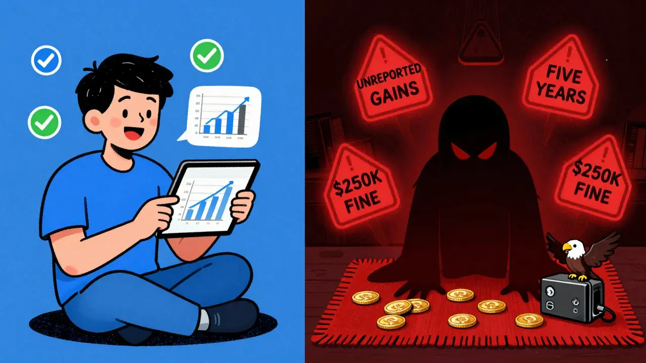 Split scene: one person calmly using a tax app while another hides crypto, with warning signs flashing in the background.