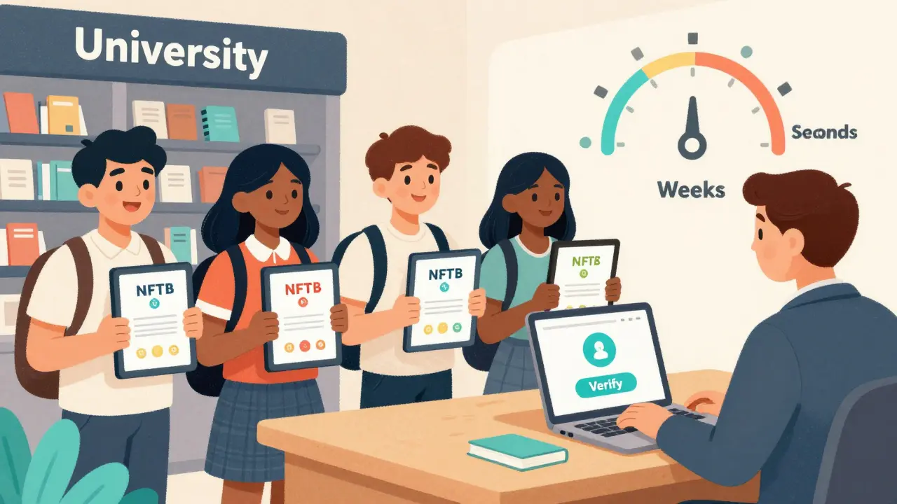 Students and an employer verifying NFT certificates at a university kiosk.